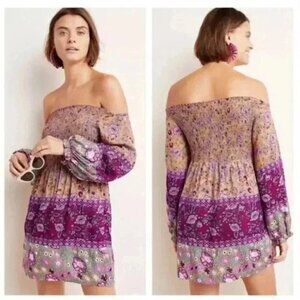 Anthropologie Raga Faye Off Shoulder Dress Size XS Purple Smocked Boho Cottage